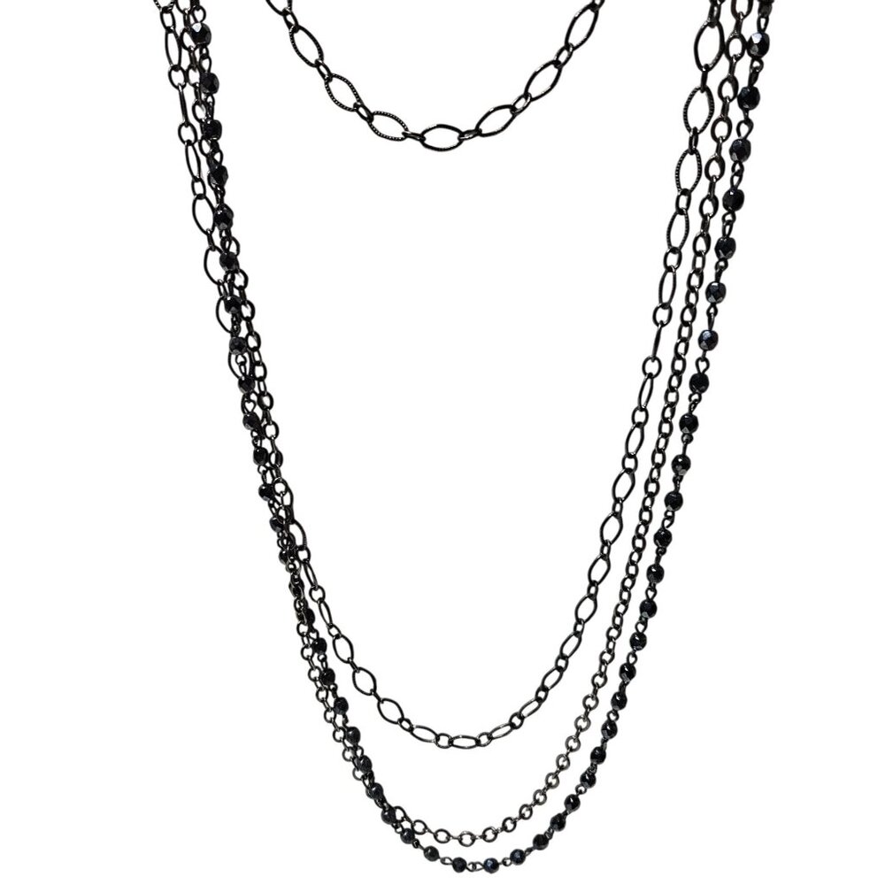 Elegant Black Multi Strand Layered Necklace Chain Beaded Details Fashion Jewelry